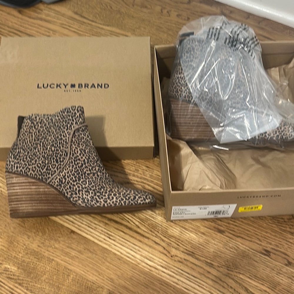 Lucky Brand Animal Print Wedge Boots brand new in box.